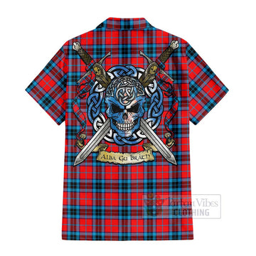 MacTavish (McTavish) Tartan Short Sleeve Button Shirt with Family Crest Celtic Skull Style