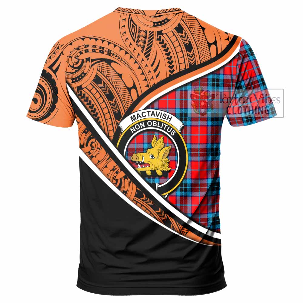 Tartan Vibes Clothing MacTavish (McTavish) Crest Tartan T-Shirt with Maori Tattoo Style - Orange Version