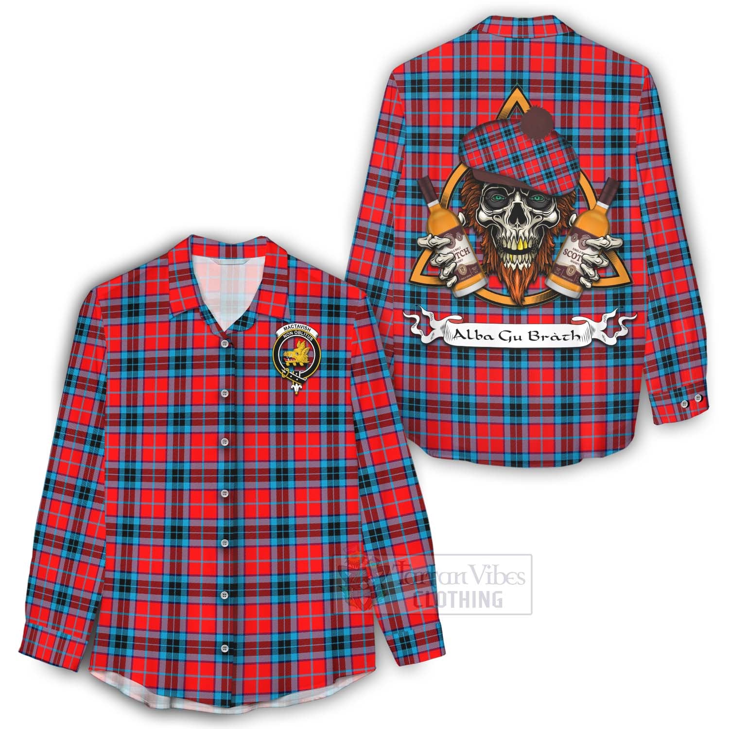 Tartan Vibes Clothing MacTavish (McTavish) Tartan Women's Casual Shirt with Family Crest and Bearded Skull Holding Bottles of Whiskey