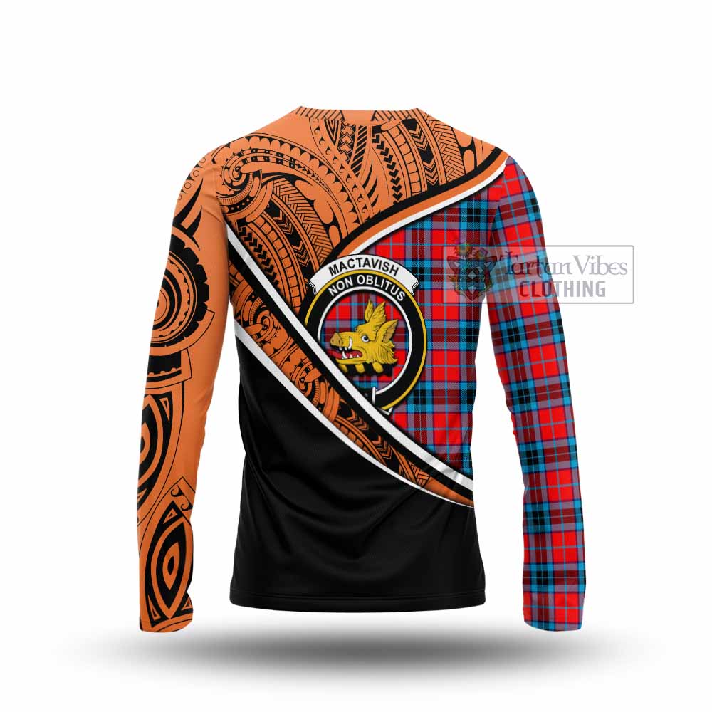 Tartan Vibes Clothing MacTavish (McTavish) Crest Tartan Long Sleeve T-Shirt with Maori Tattoo Style - Orange Version