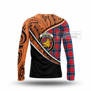 MacTavish (McTavish) Crest Tartan Long Sleeve T-Shirt with Polynesian Vibes Style - Orange Version