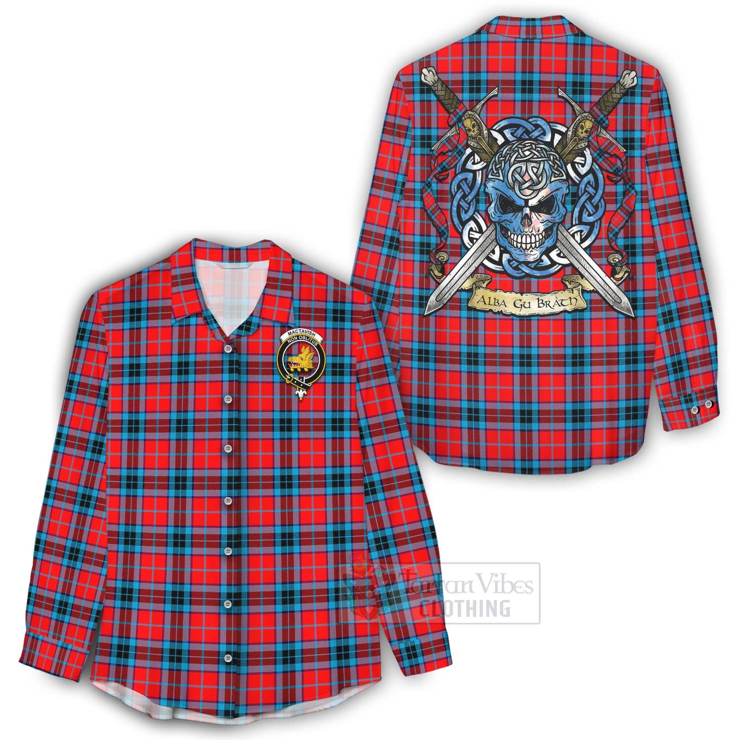 Tartan Vibes Clothing MacTavish (McTavish) Tartan Women's Casual Shirt with Family Crest Celtic Skull Style