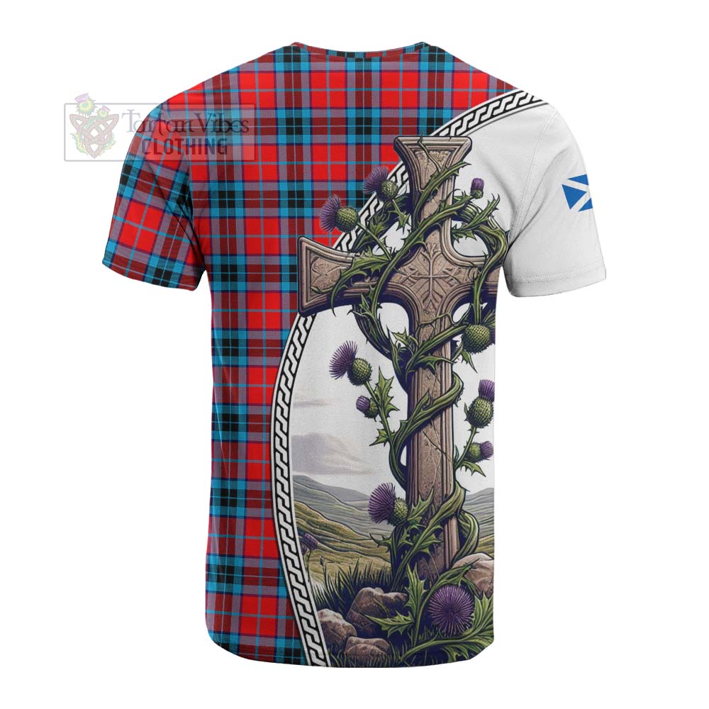 Tartan Vibes Clothing MacTavish (McTavish) Tartan Cotton T-shirt with Family Crest and St. Andrew's Cross Accented by Thistle Vines