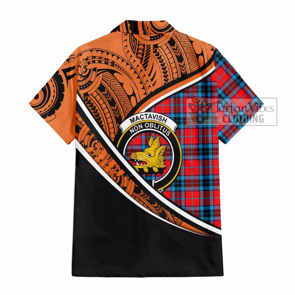 Tartan Vibes Clothing MacTavish (McTavish) Crest Tartan Short Sleeve Button Shirt with Maori Tattoo Style - Orange Version