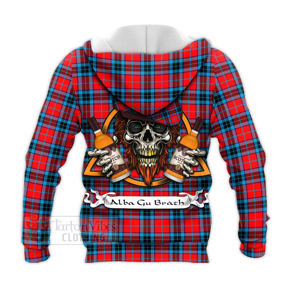 Tartan Vibes Clothing MacTavish (McTavish) Tartan Knitted Hoodie with Family Crest and Bearded Skull Holding Bottles of Whiskey