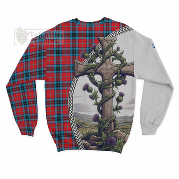 MacTavish (McTavish) Tartan Sweatshirt with Family Crest and St. Andrew's Cross Accented by Thistle Vines