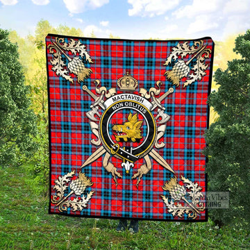 MacTavish (McTavish) Tartan Quilt with Family Crest and Golden Thistle Crossed Sword Design