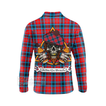 MacTavish (McTavish) Tartan Long Sleeve Polo Shirt with Family Crest and Bearded Skull Holding Bottles of Whiskey