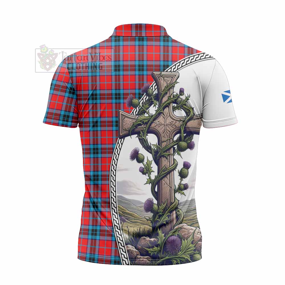 Tartan Vibes Clothing MacTavish (McTavish) Tartan Zipper Polo Shirt with Family Crest and St. Andrew's Cross Accented by Thistle Vines