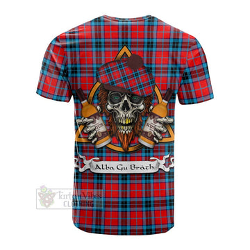 MacTavish (McTavish) Tartan Cotton T-shirt with Family Crest and Bearded Skull Holding Bottles of Whiskey