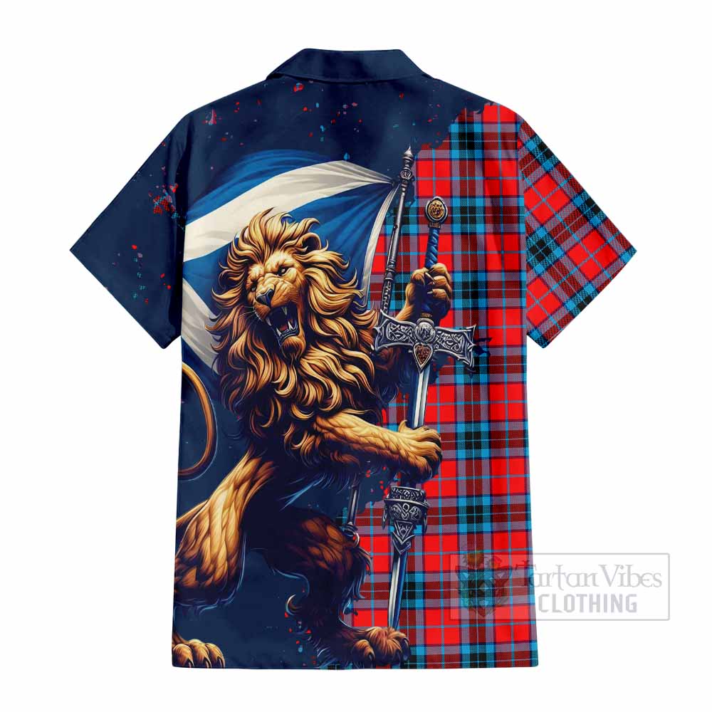 Tartan Vibes Clothing MacTavish (McTavish) Tartan Family Crest Short Sleeve Button Shirt with Scottish Majestic Lion