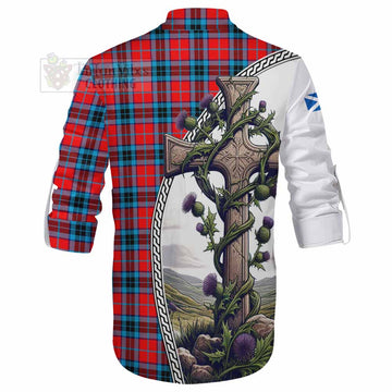 MacTavish (McTavish) Tartan Ghillie Kilt Shirt with Family Crest and St. Andrew's Cross Accented by Thistle Vines