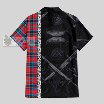 MacTavish (McTavish) Tartan Short Sleeve Button Shirt with Family Crest Cross Sword Thistle Celtic Vibes