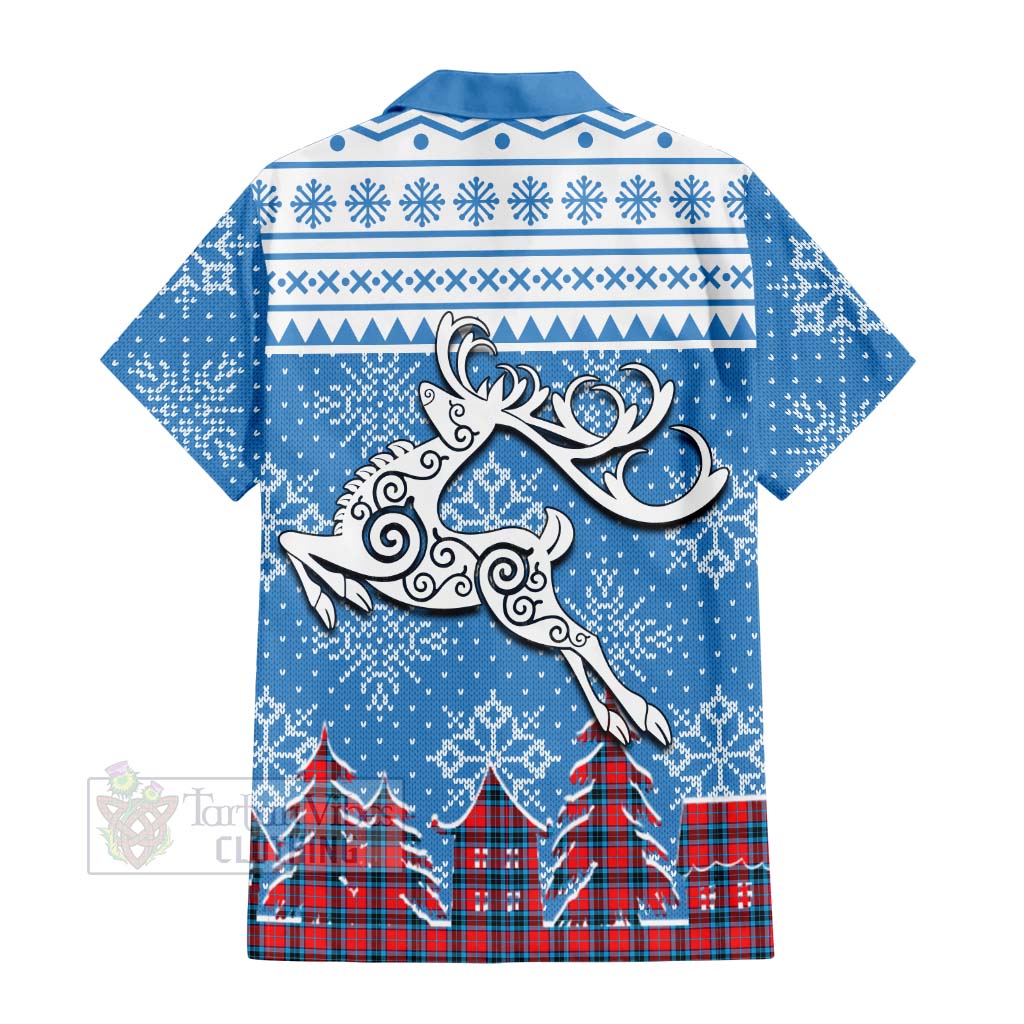 Tartan Vibes Clothing MacTavish (McTavish) Clan Christmas Short Sleeve Button Shirt Celtic Reindeer Style