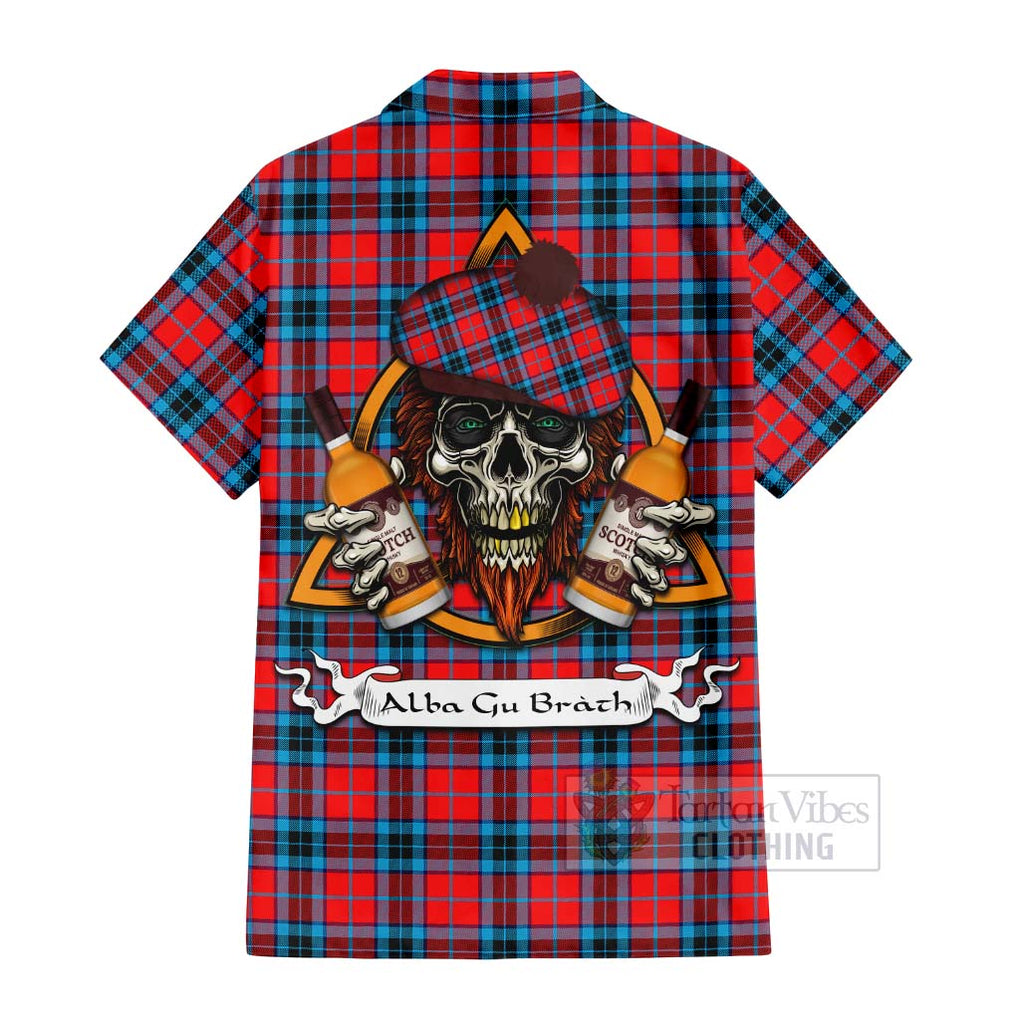 Tartan Vibes Clothing MacTavish (McTavish) Tartan Short Sleeve Button Shirt with Family Crest and Bearded Skull Holding Bottles of Whiskey