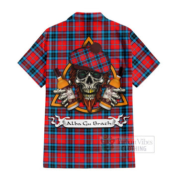 MacTavish (McTavish) Tartan Short Sleeve Button Shirt with Family Crest and Bearded Skull Holding Bottles of Whiskey