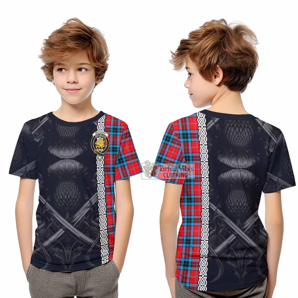 Tartan Vibes Clothing MacTavish (McTavish) Tartan Kid T-Shirt with Family Crest Cross Sword Thistle Celtic Vibes