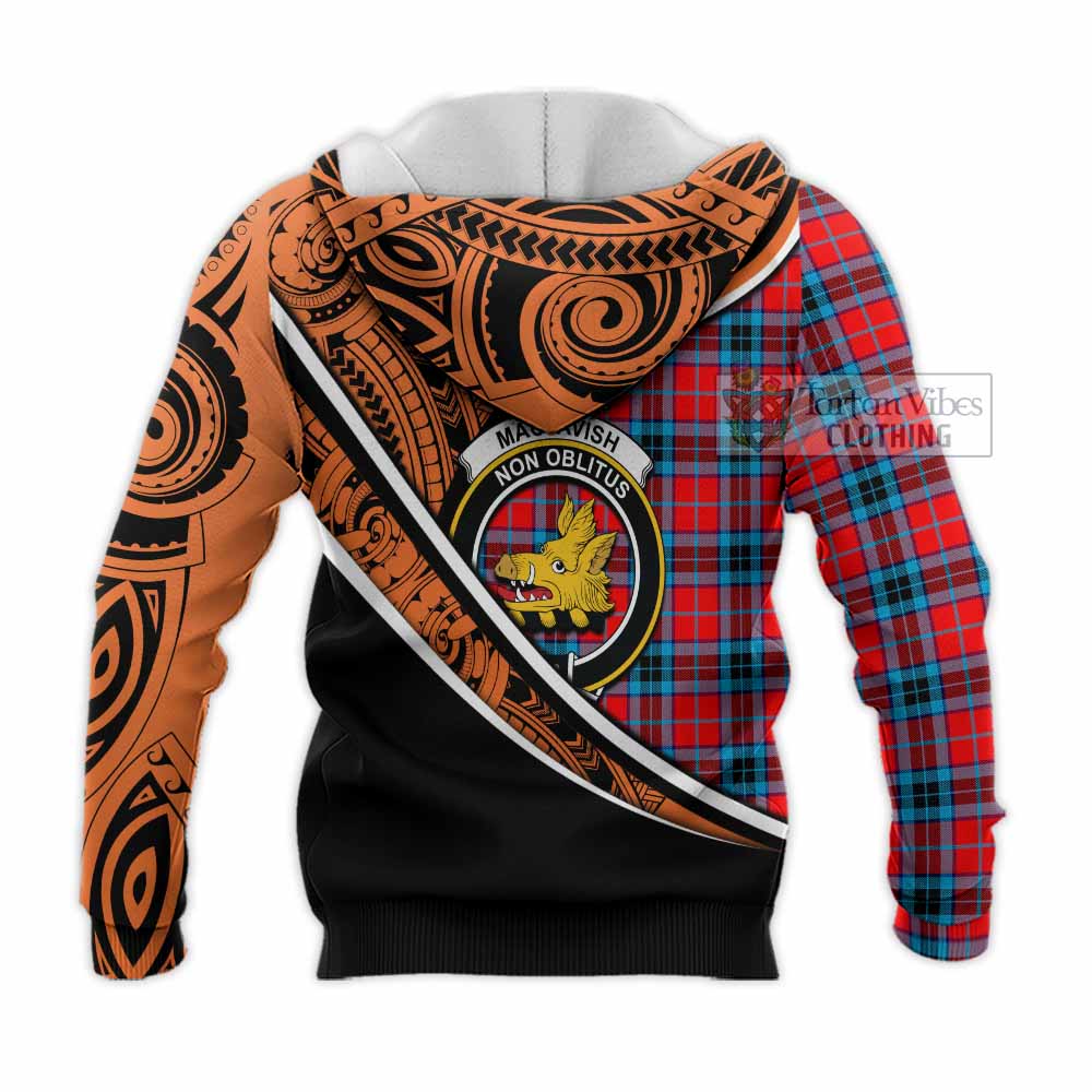 Tartan Vibes Clothing MacTavish (McTavish) Crest Tartan Knitted Hoodie with Maori Tattoo Style - Orange Version