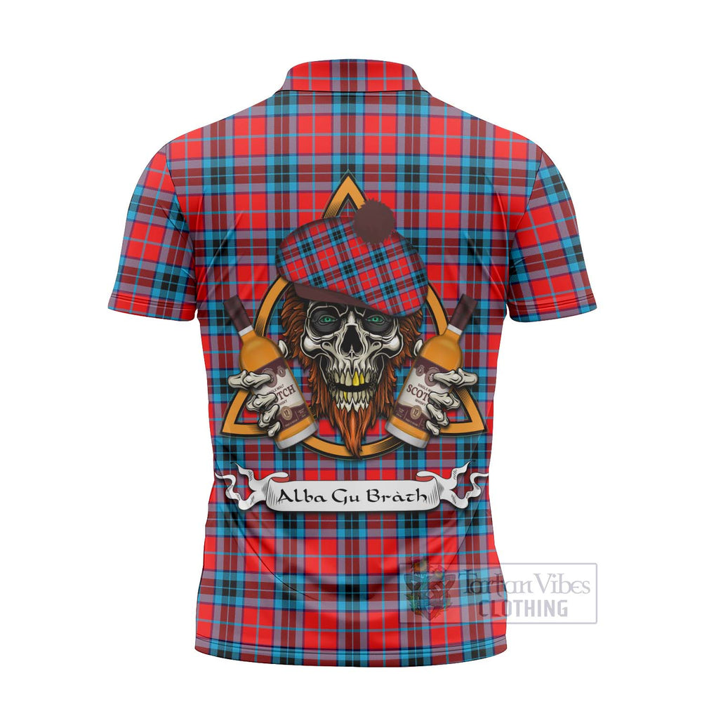 Tartan Vibes Clothing MacTavish (McTavish) Tartan Zipper Polo Shirt with Family Crest and Bearded Skull Holding Bottles of Whiskey