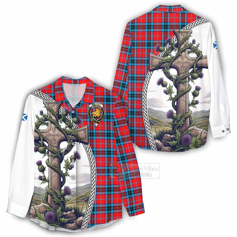 Tartan Vibes Clothing MacTavish (McTavish) Tartan Women's Casual Shirt with Family Crest and St. Andrew's Cross Accented by Thistle Vines