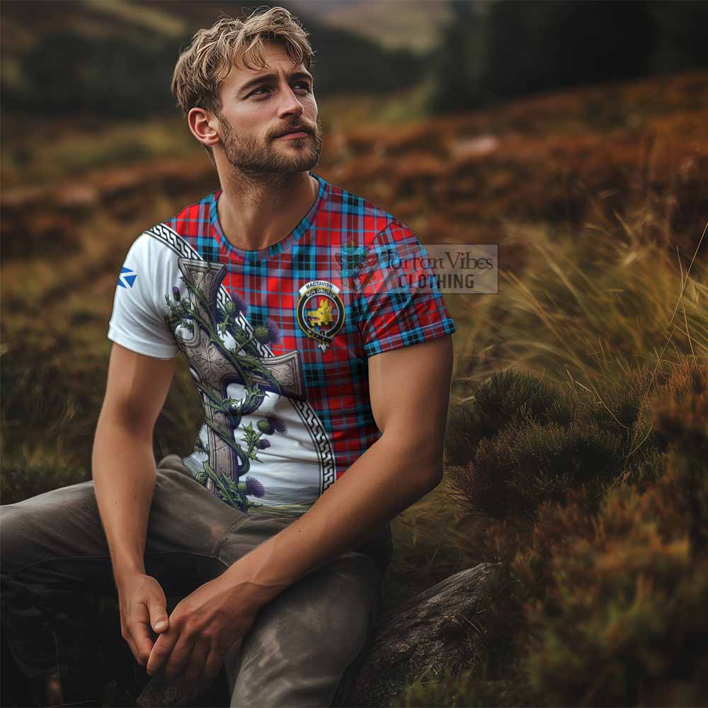 Tartan Vibes Clothing MacTavish (McTavish) Agnew Tartan T-Shirt with Family Crest and St. Andrew's Cross Accented by Thistle Vines