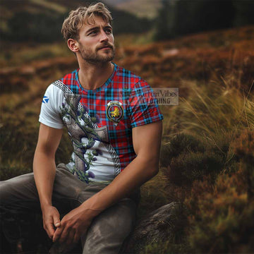 MacTavish (McTavish) Tartan T-Shirt with Family Crest and St. Andrew's Cross Accented by Thistle Vines