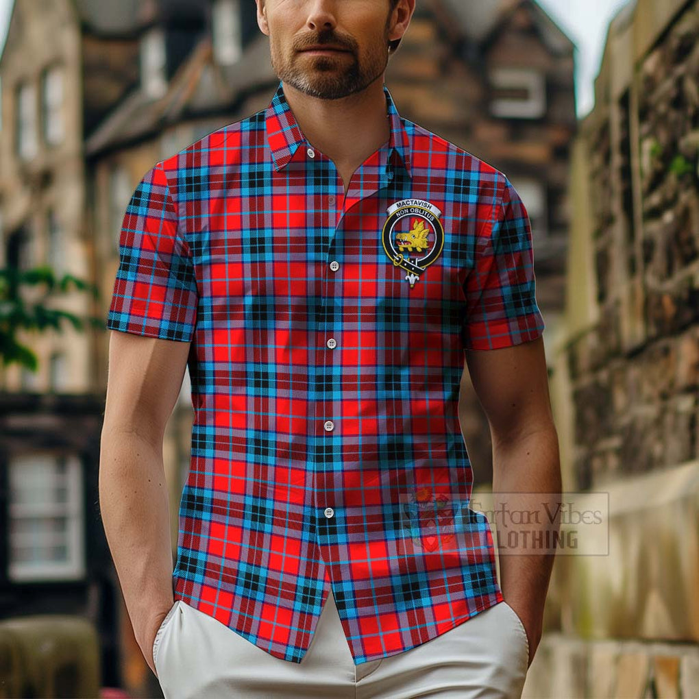 Tartan Vibes Clothing MacTavish (McTavish) Tartan Short Sleeve Button Shirt with Family Crest and Bearded Skull Holding Bottles of Whiskey