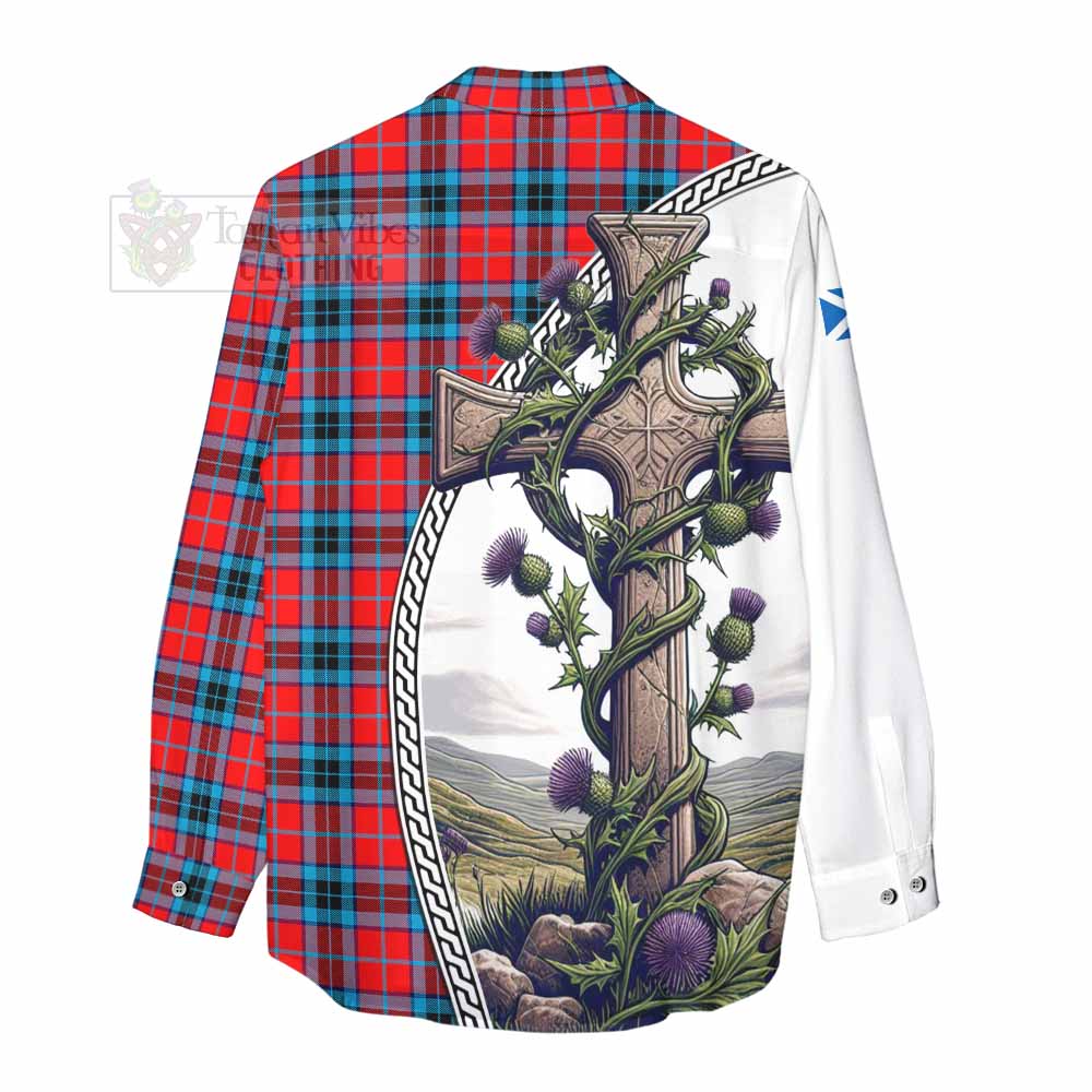 Tartan Vibes Clothing MacTavish (McTavish) Tartan Women's Casual Shirt with Family Crest and St. Andrew's Cross Accented by Thistle Vines