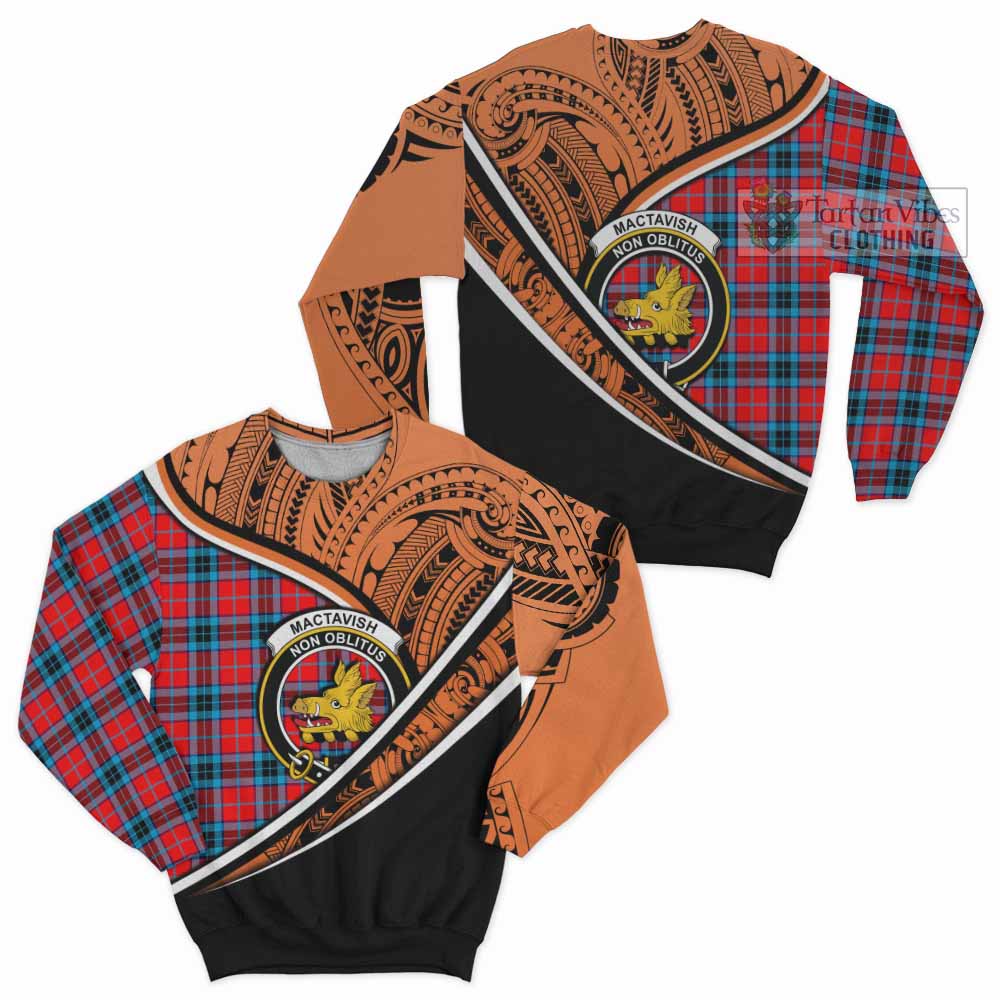 Tartan Vibes Clothing MacTavish (McTavish) Crest Tartan Sweatshirt with Maori Tattoo Style - Orange Version