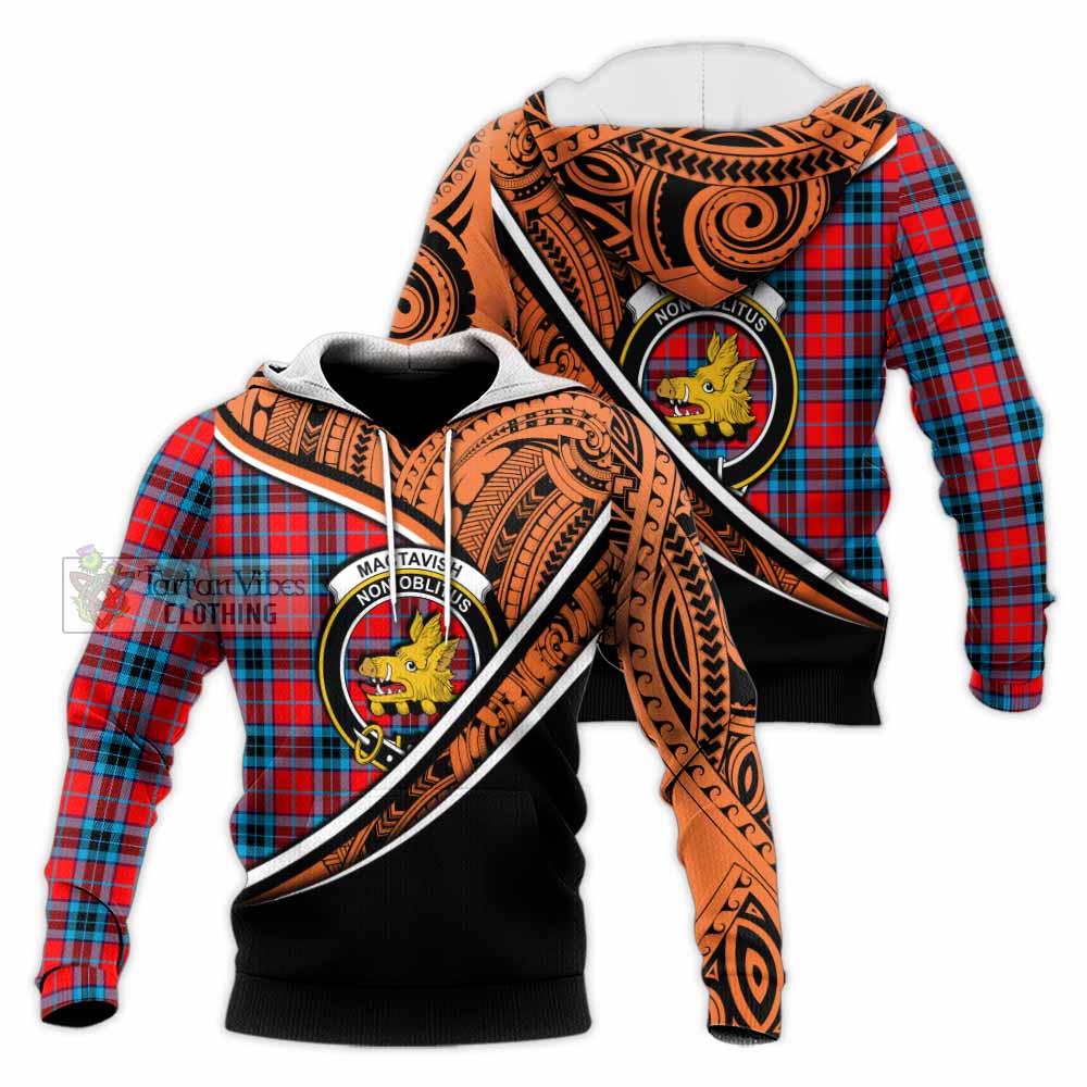 Tartan Vibes Clothing MacTavish (McTavish) Crest Tartan Knitted Hoodie with Maori Tattoo Style - Orange Version