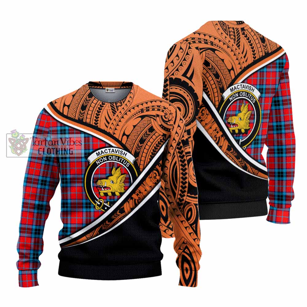 Tartan Vibes Clothing MacTavish (McTavish) Crest Tartan Knitted Sweater with Maori Tattoo Style - Orange Version