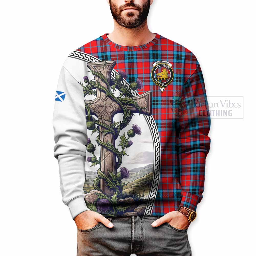 Tartan Vibes Clothing MacTavish (McTavish) Tartan Sweatshirt with Family Crest and St. Andrew's Cross Accented by Thistle Vines