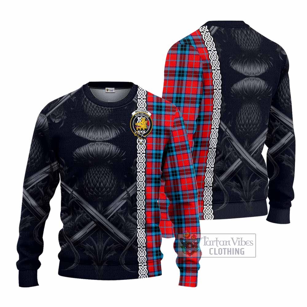 Tartan Vibes Clothing MacTavish (McTavish) Tartan Knitted Sweater with Family Crest Cross Sword Thistle Celtic Vibes