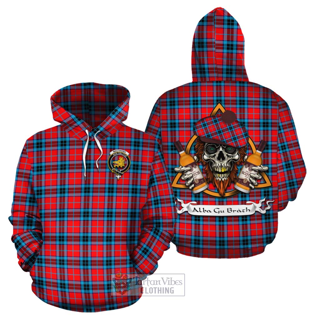 Tartan Vibes Clothing MacTavish (McTavish) Tartan Cotton Hoodie with Family Crest and Bearded Skull Holding Bottles of Whiskey