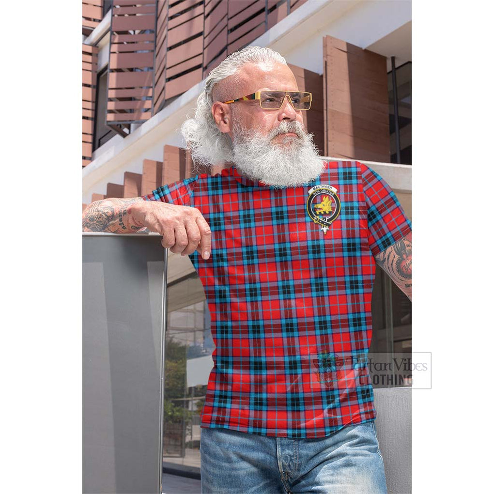 Tartan Vibes Clothing MacTavish (McTavish) Tartan Cotton T-shirt with Family Crest and Bearded Skull Holding Bottles of Whiskey