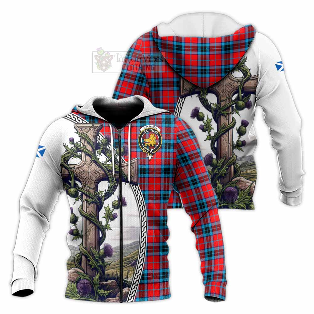 Tartan Vibes Clothing MacTavish (McTavish) Tartan Knitted Hoodie with Family Crest and St. Andrew's Cross Accented by Thistle Vines