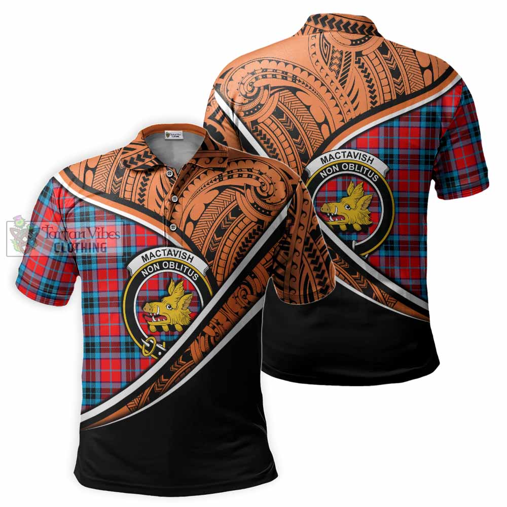 Tartan Vibes Clothing MacTavish (McTavish) Crest Tartan Polo Shirt with Maori Tattoo Style - Orange Version