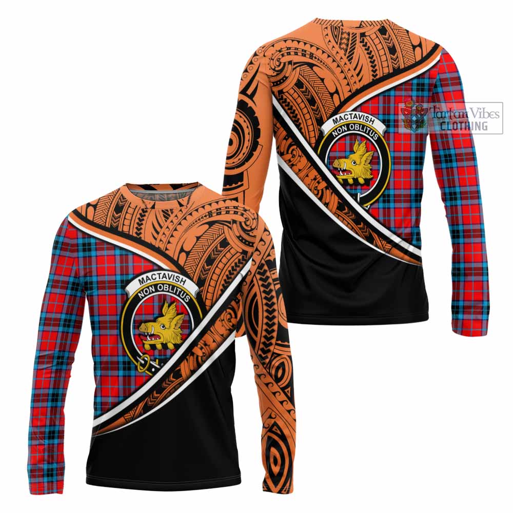 Tartan Vibes Clothing MacTavish (McTavish) Crest Tartan Long Sleeve T-Shirt with Maori Tattoo Style - Orange Version