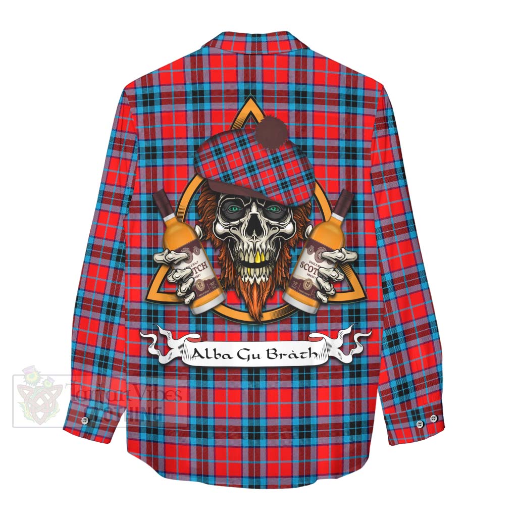 Tartan Vibes Clothing MacTavish (McTavish) Tartan Women's Casual Shirt with Family Crest and Bearded Skull Holding Bottles of Whiskey