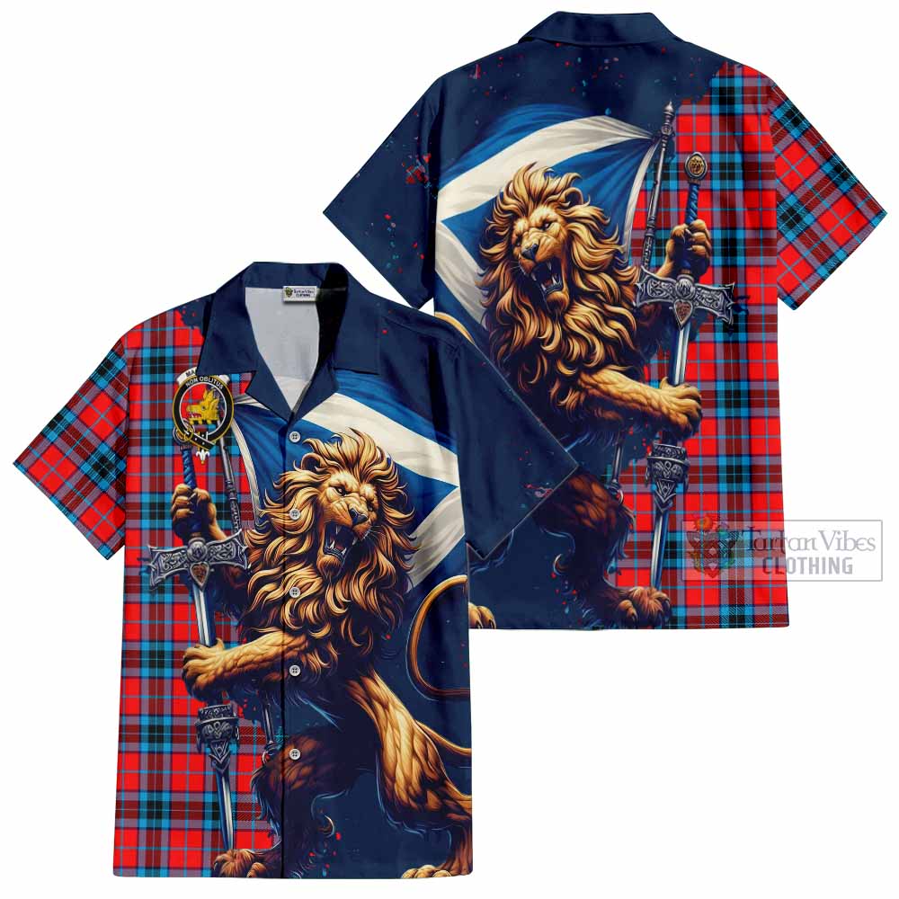 Tartan Vibes Clothing MacTavish (McTavish) Tartan Family Crest Short Sleeve Button Shirt with Scottish Majestic Lion