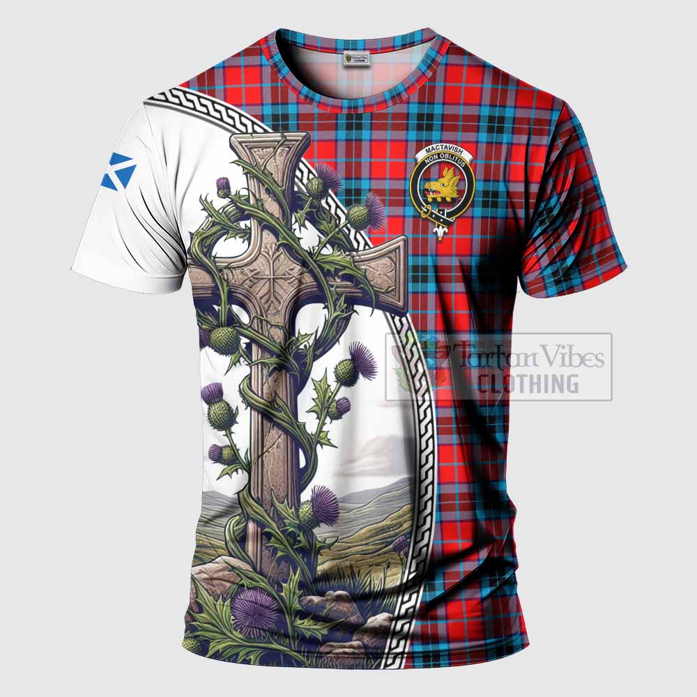 Tartan Vibes Clothing MacTavish (McTavish) Agnew Tartan T-Shirt with Family Crest and St. Andrew's Cross Accented by Thistle Vines