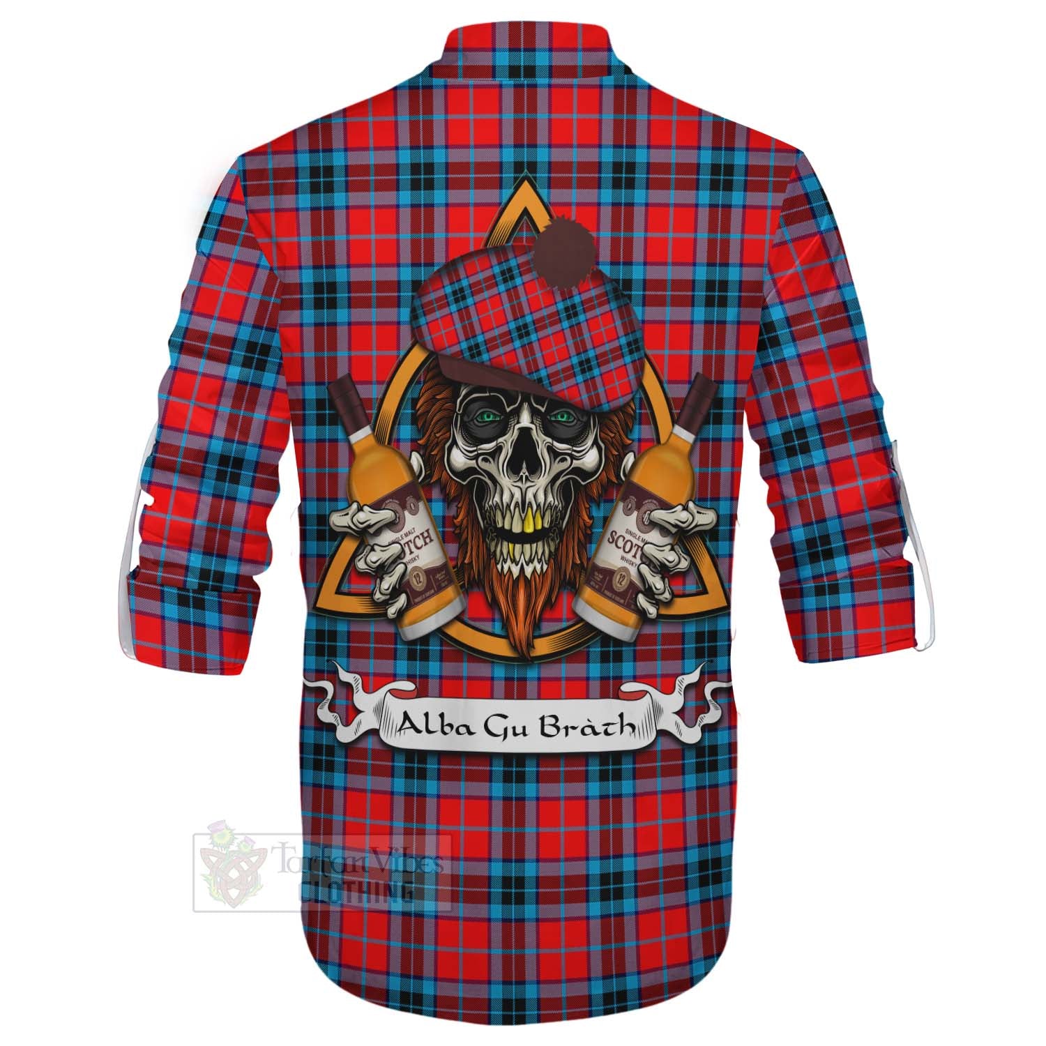 Tartan Vibes Clothing MacTavish (McTavish) Tartan Ghillie Kilt Shirt with Family Crest and Bearded Skull Holding Bottles of Whiskey