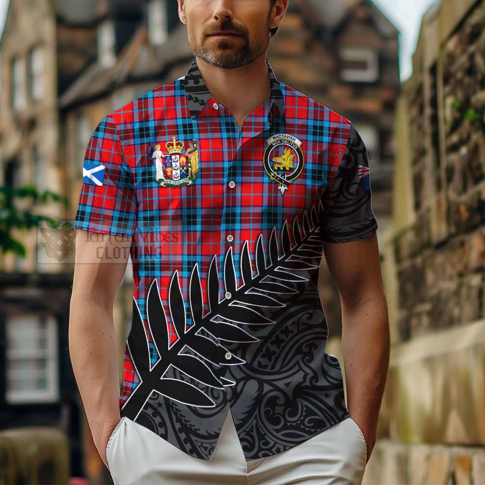 Tartan Vibes Clothing MacTavish (McTavish) Crest Tartan Short Sleeve Button Shirt with New Zealand Silver Fern Half Style