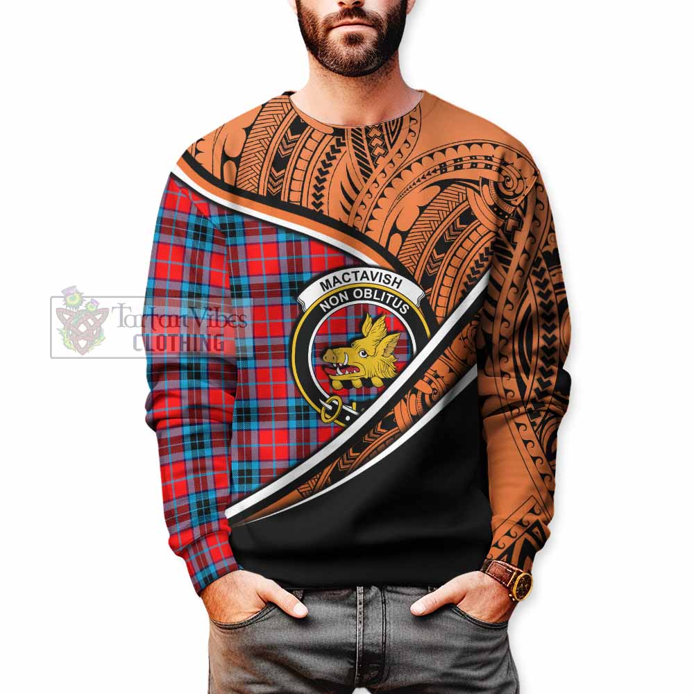 Tartan Vibes Clothing MacTavish (McTavish) Crest Tartan Sweatshirt with Maori Tattoo Style - Orange Version