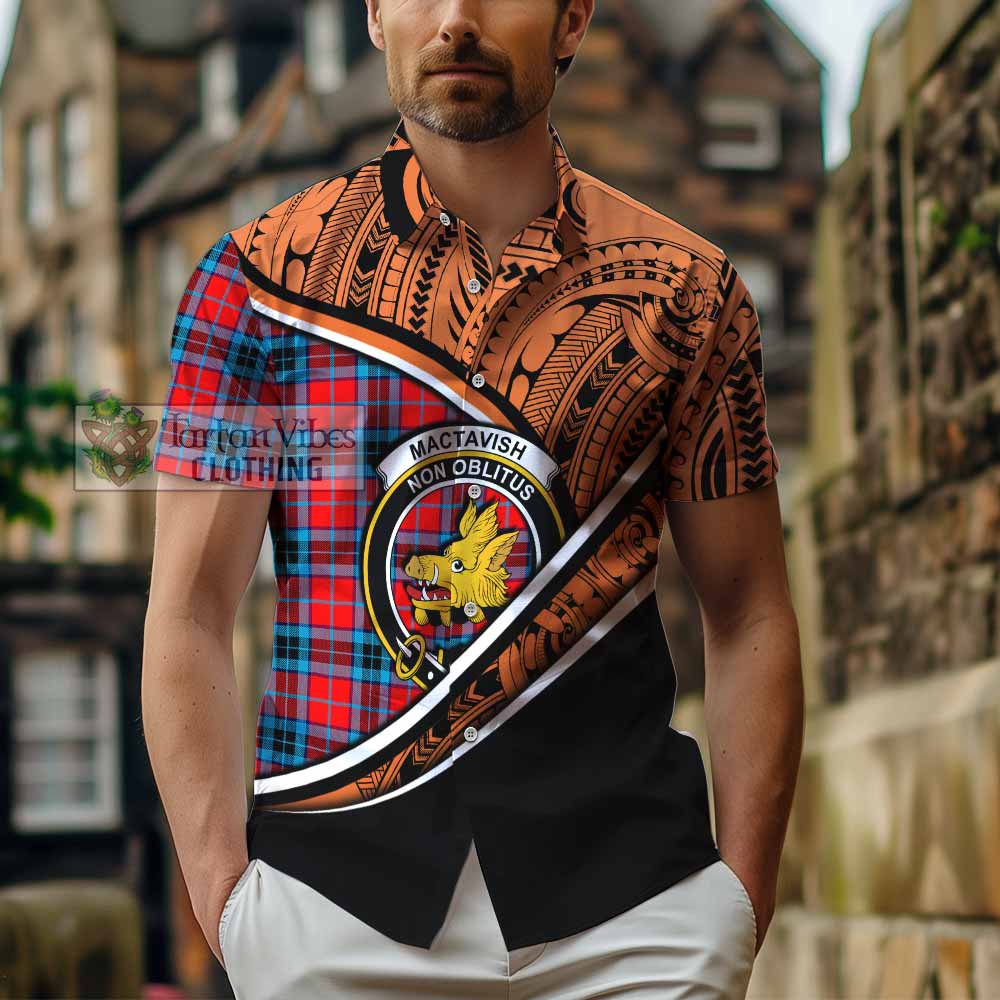 Tartan Vibes Clothing MacTavish (McTavish) Crest Tartan Short Sleeve Button Shirt with Maori Tattoo Style - Orange Version