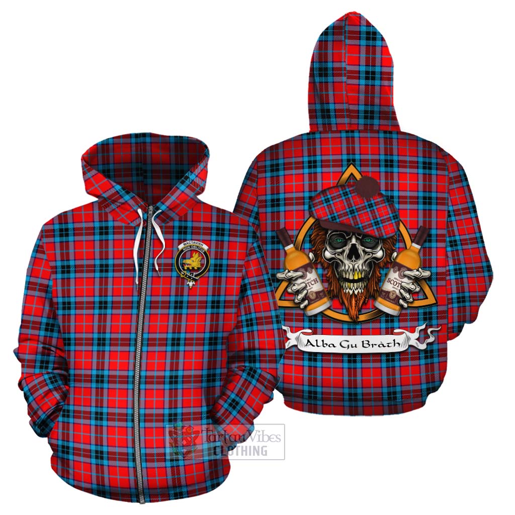 Tartan Vibes Clothing MacTavish (McTavish) Tartan Cotton Hoodie with Family Crest and Bearded Skull Holding Bottles of Whiskey