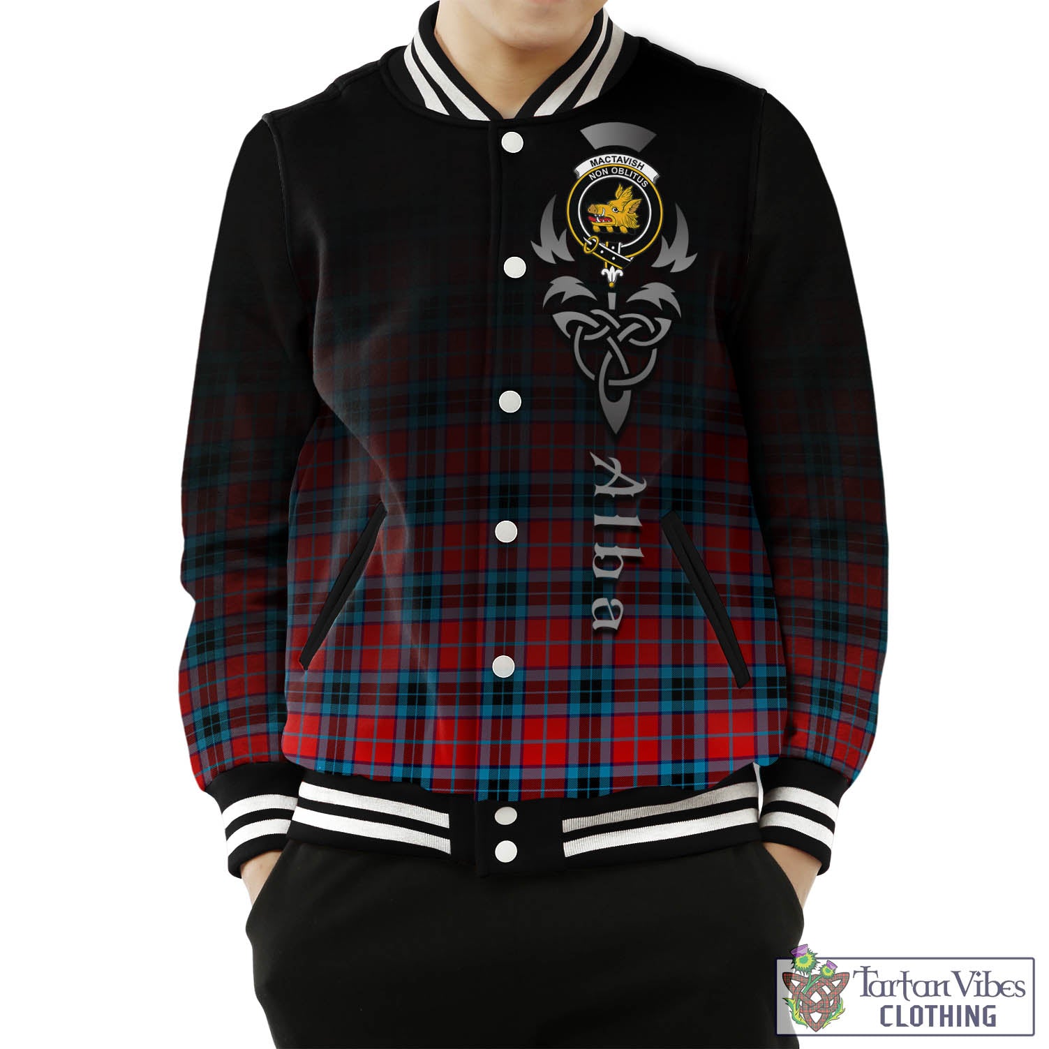 Tartan Vibes Clothing MacTavish Modern Tartan Baseball Jacket Featuring Alba Gu Brath Family Crest Celtic Inspired