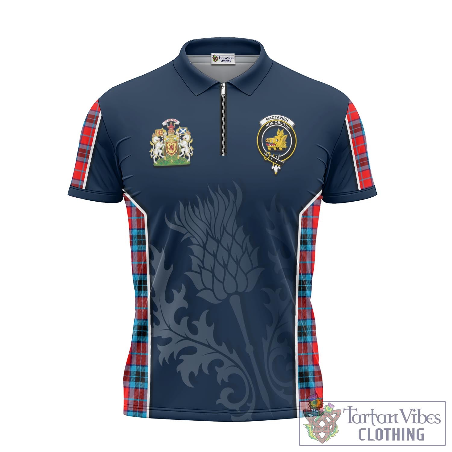 Tartan Vibes Clothing MacTavish Modern Tartan Zipper Polo Shirt with Family Crest and Scottish Thistle Vibes Sport Style