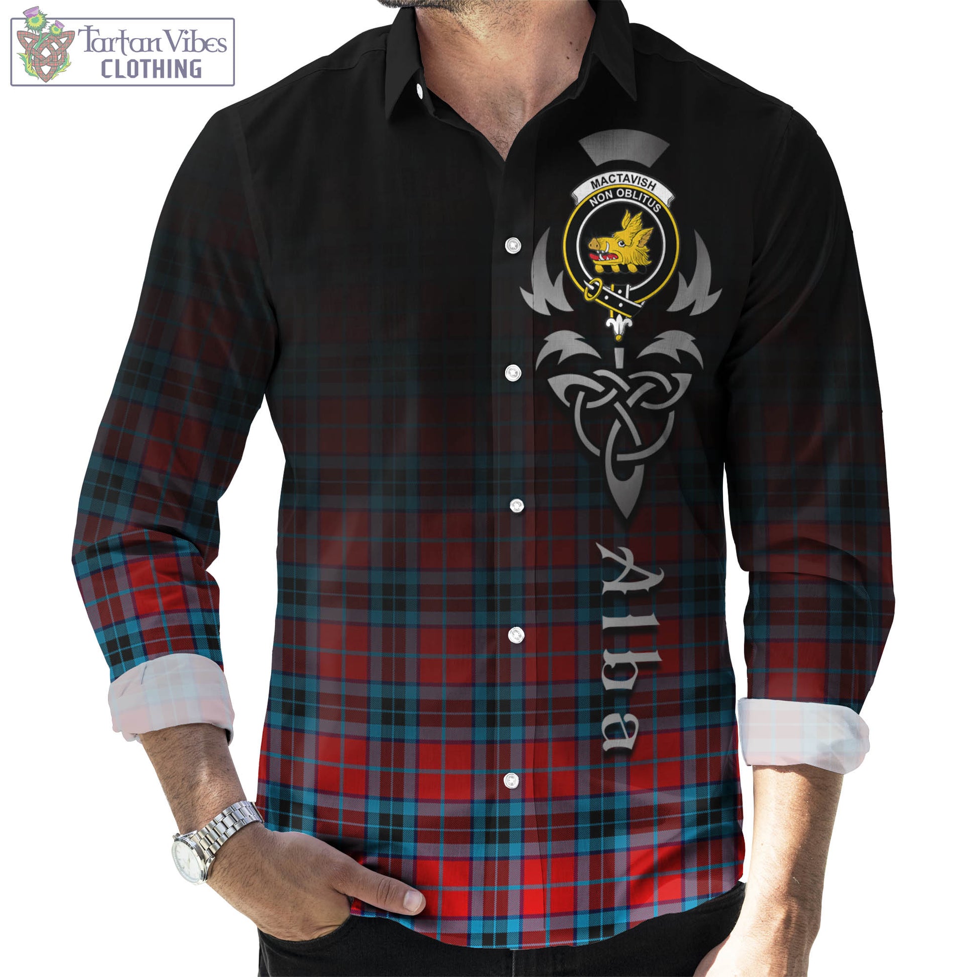 Tartan Vibes Clothing MacTavish Modern Tartan Long Sleeve Button Up Featuring Alba Gu Brath Family Crest Celtic Inspired