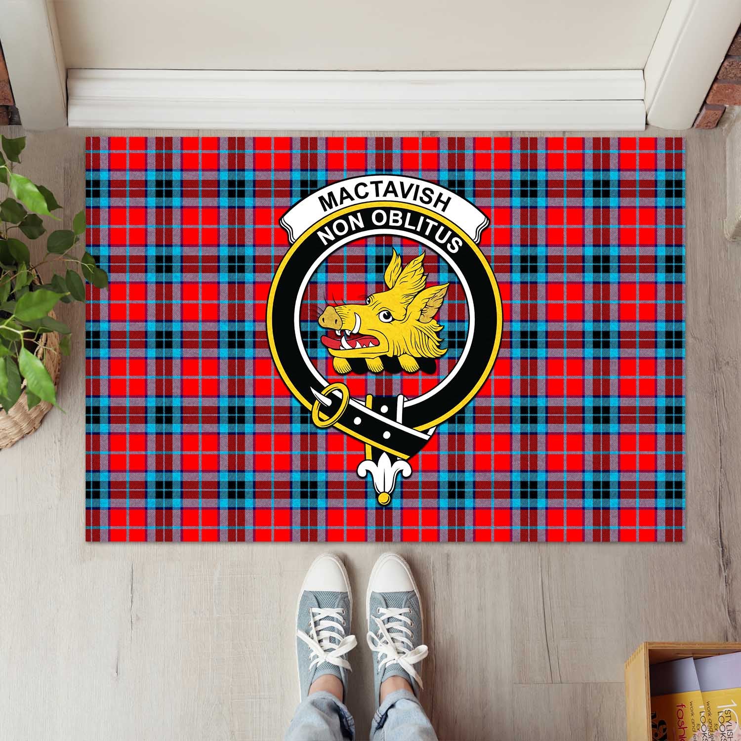 MacTavish Modern Tartan Door Mat with Family Crest - Tartanvibesclothing